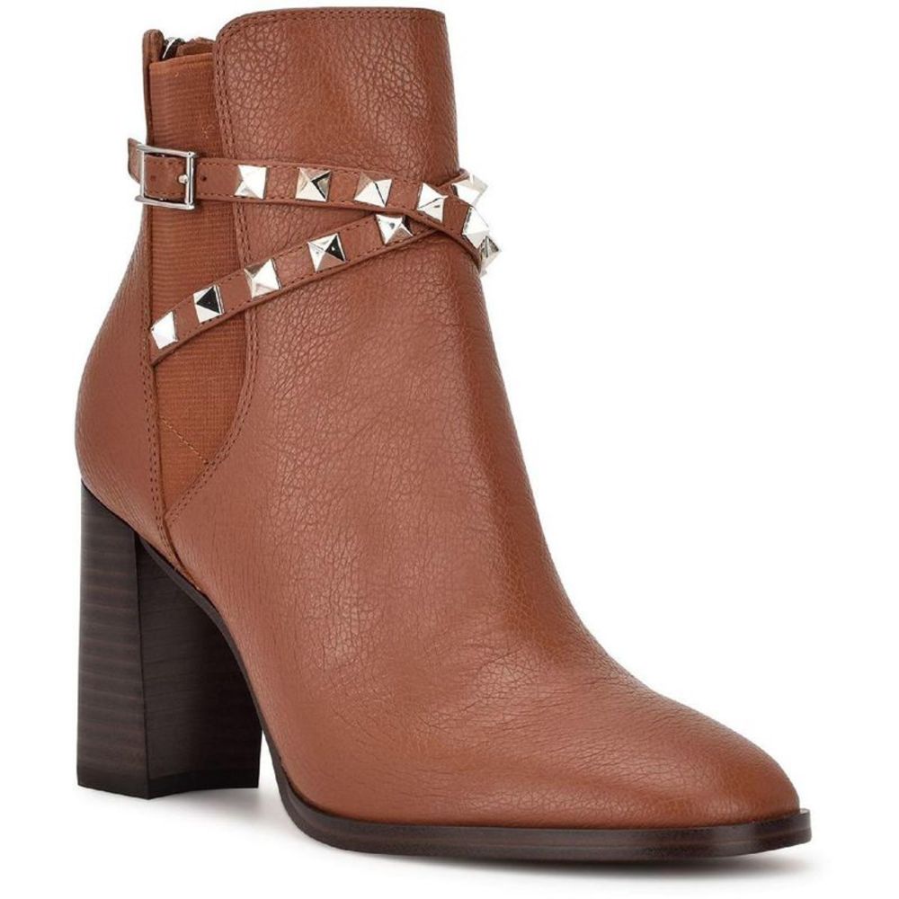 Nine West Womens Donda Brown Leather Studded Zip Up Ankle Boots Shoes NWT